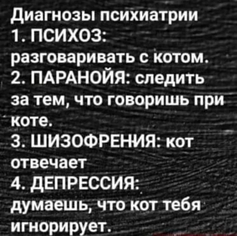 диагнозы психиатрии 1 ПСИХОЗ разговаривать с котом 2 ПАРАНОЙЯ следить за тем что говоришь при коте 3 ШИЗОФРЕНИЯ кот отвечает 4 дЕПРЕССИЯ_ думаешь что кот тебя игнорирует