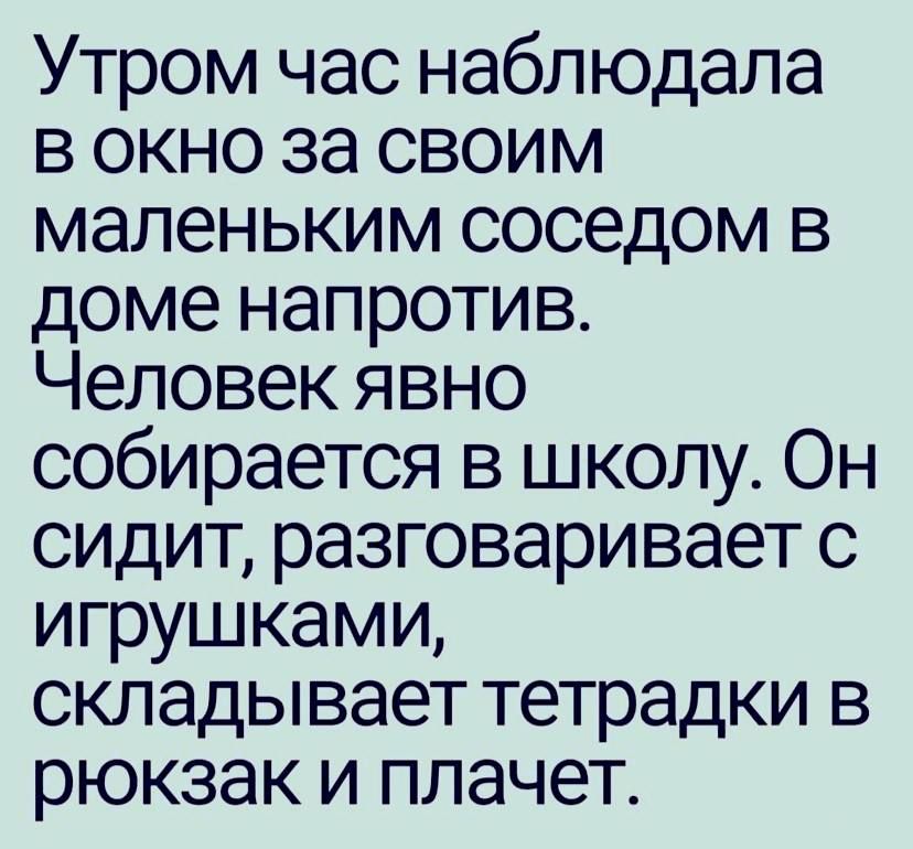 Утром час наблюдала в окно за своим маленьким соседом в доме напротив Человек явно собирается в школу Он сидит разговаривает с игрушками складывает тетрадки в рюкзак и плачет