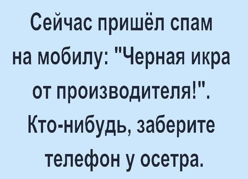 Сейчас пришёл спам на мобилу Черная икра от производителя Кто нибудь заберите телефон у осетра