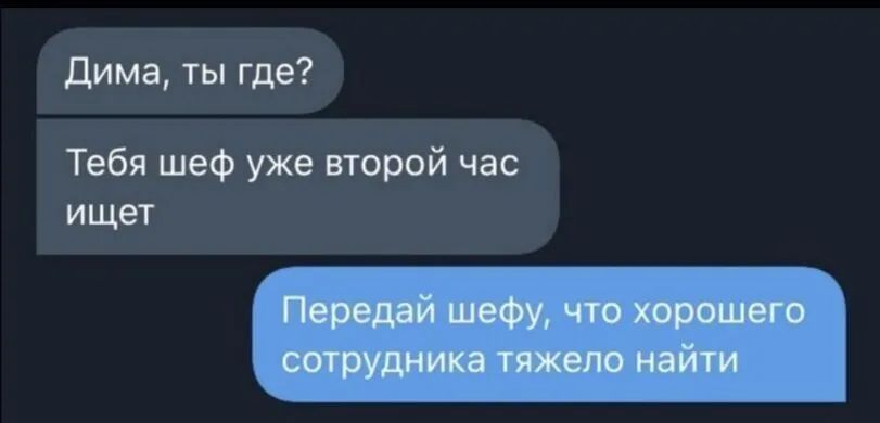 Дима ты где Тебя шеф уже второй час ищет
