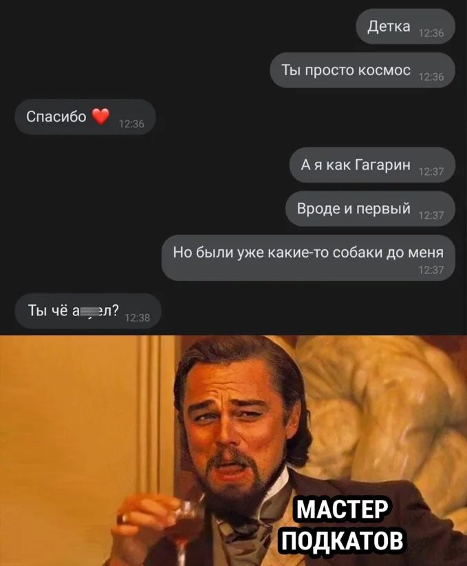 детка _ Ты просто космос Спасибо А я как Гагарин _ Вроде и первый _ 5 Но были уже какието собаки до меня Ты чё аггл МАСТЕР ПОДКАТОВ