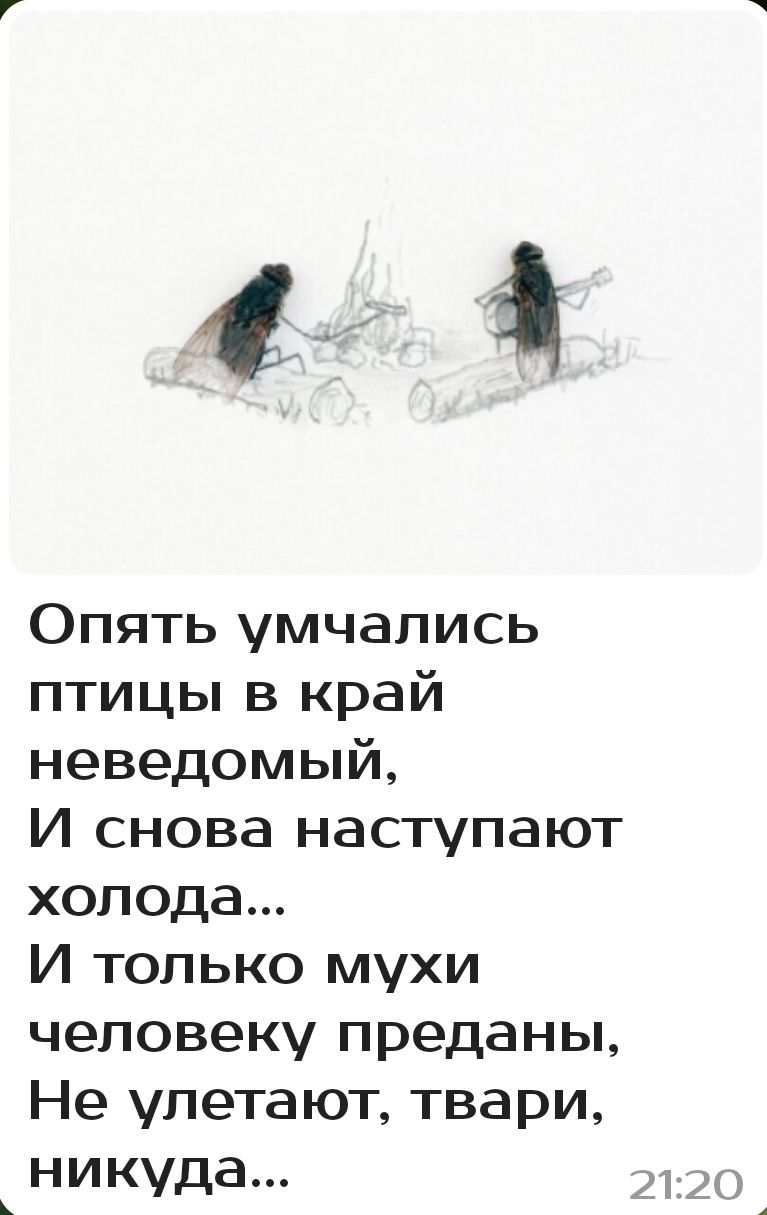 4 Опять умчапись птицы в край неведомый И снова наступают холода И только мухи человеку преданы Не улетают твари никуда
