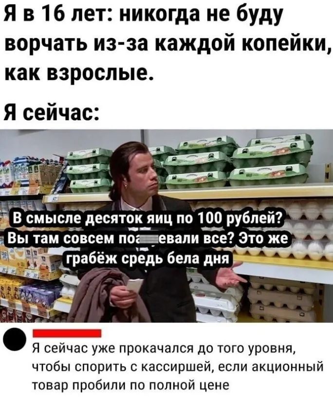 Я в 16 лет никогда не буду ворчать из за каждой копейки как взрослые Я сейчас кк б_ _ В смысле десяток_ яиц по 100 __ру иеи Я сейчас уже прокачался до того уровня чтобы спорить с кассиршей если акционный товар пробили по полной цене