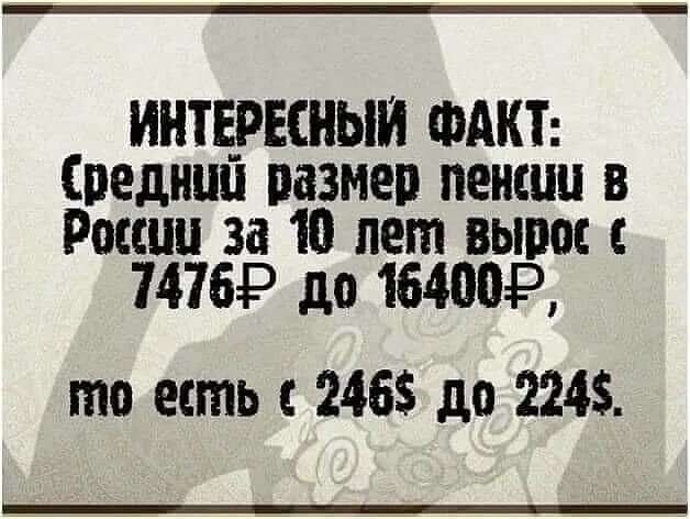ИНТЕРЕСНЫЙ ФАКТ Средним пвзмеп пенсии в России за 10 лет выпас 7476Р 1101640049 то есть 246 до 224