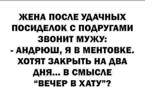 ЖЕНА ПОСЛЕ УДАЧНЫХ ПОСИАЕАОК с ПОДРУГАМИ ЗВОНИТ МУЖУ АНАРЮШ Я В МЕНТОВКЕ ХОТЯТ ЗАКРЫТЬ НА АВА дня В СМЫСАЕ ВЕЧЕР В ХАТУ
