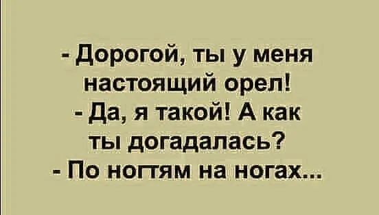 Дорогой ты у меня настоящий орел Дая такой А как ты догадалась По ноггям на ногах