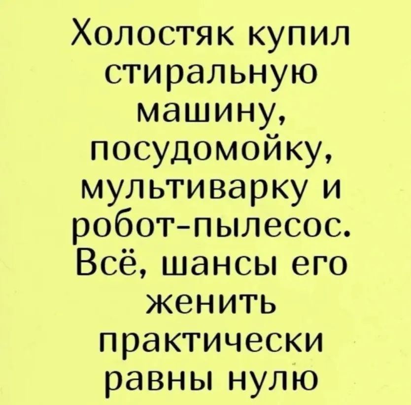 Холостяк купил стиральную машину посудомойку мультиварку и роботпылесос Всё шансы его женить практически равны нулю