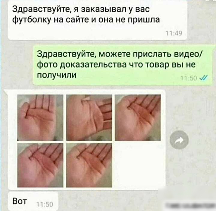 Здравствуйте я заказывал у вас футболку на сайте и она не пришла 11 10 Здравствуйте можете прислать видео Фото доказательства что товар вы не получили 1 50