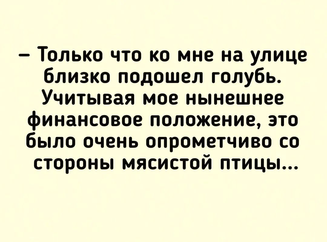 Только что ко мне на улице близко подошел голубь Учитывая мое нынешнее финансовое положение это было очень опрометчиво со стороны мясистой птицы