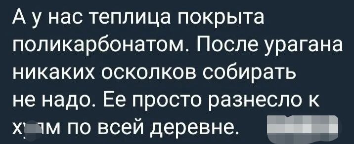 А у нас теплица покрыта поликарбонатом После урагана никаких осколков собирать не надо Ее просто разнесло к хг чм по всей деревне _