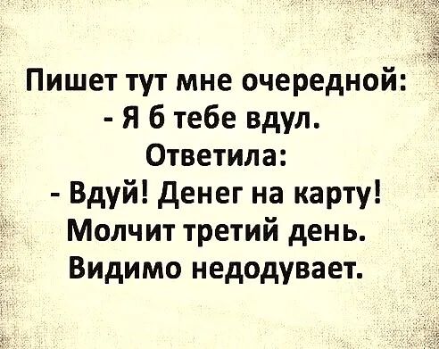 Пишет тут мне очередной Я б тебе вдул Ответила Вдуй денег на карту Молчит третий день Видимо недодувает