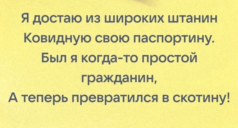Я достаю из широких штанин Ковидную свою паспортину Был я когда то простой гражданин А теперь превратился в скотину