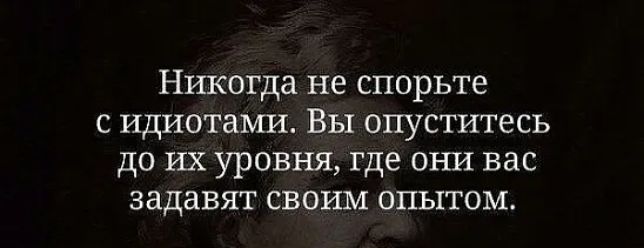 Никогда не спорьте с идиотами Вы опуститесь до их уровня где они вас задавят своим опытом