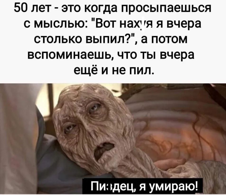 50 лет это когда просыпаешься с мыслью Вот нахуя я вчера столько выпил а потом вспоминаешь что ты вчера ещё и не пил Пи ъдец я умираъо