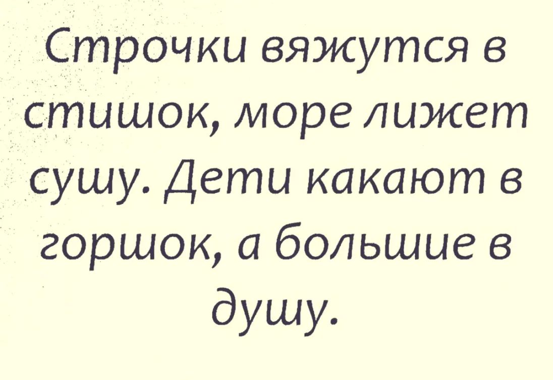 _ Стр0чки вяжутся в стишок море лижет сушу Дети какают в горшок а большие в душу