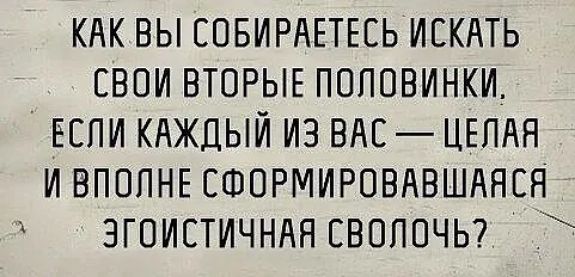 кдк вы СОБИРАЕТЕСЬ ИСКАТЬ свои ВТОРЫЕ поповинки Если КАЖДЫЙ из ВАЕ ЦЕПАЯ и ВПППНЕ сформировдвшдяся згоистичндя сволочь