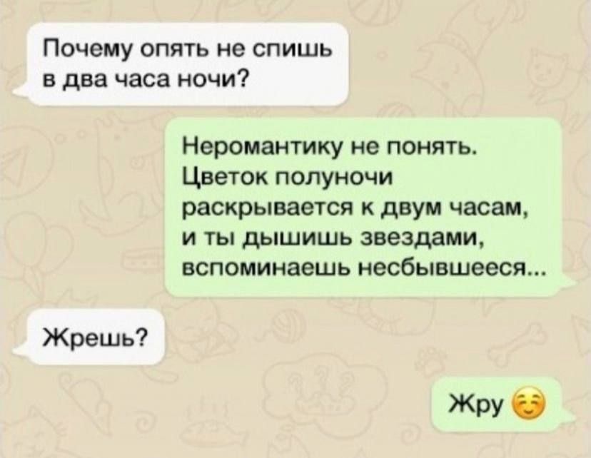 Почему опять не спишь в два часа ночи Жрешь Неромантику не понять Цветок полуночи раскрывается к двум часам и ты дышишь звездами вспоминаешь несбывшееся Жру