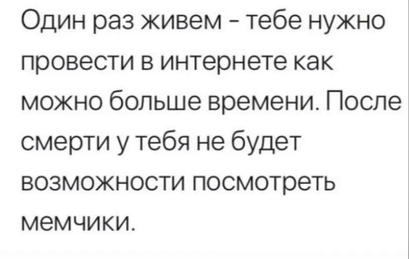 Один раз живем тебе нужно провести в интернете как можно больше времени После смерти у тебя не будет возможности посмотреть мемчики
