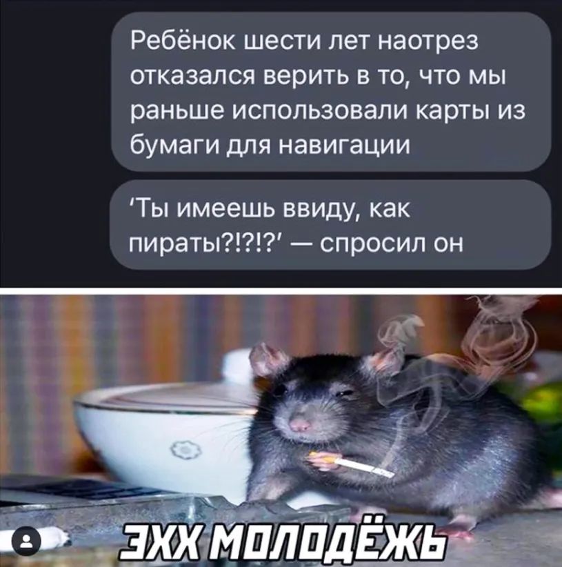 Ребёнок шести лет наотрез отказался верить в то что мы раньше использовали карты из бумаги для навигации Ты имеешь ввиду как пираты спросил он