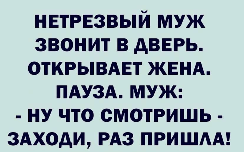 нетрезвый муж звонит в дверь открывдвт ЖЕНА ПАУЗА МУЖ ну что смотришь здходи РАЗ пришм