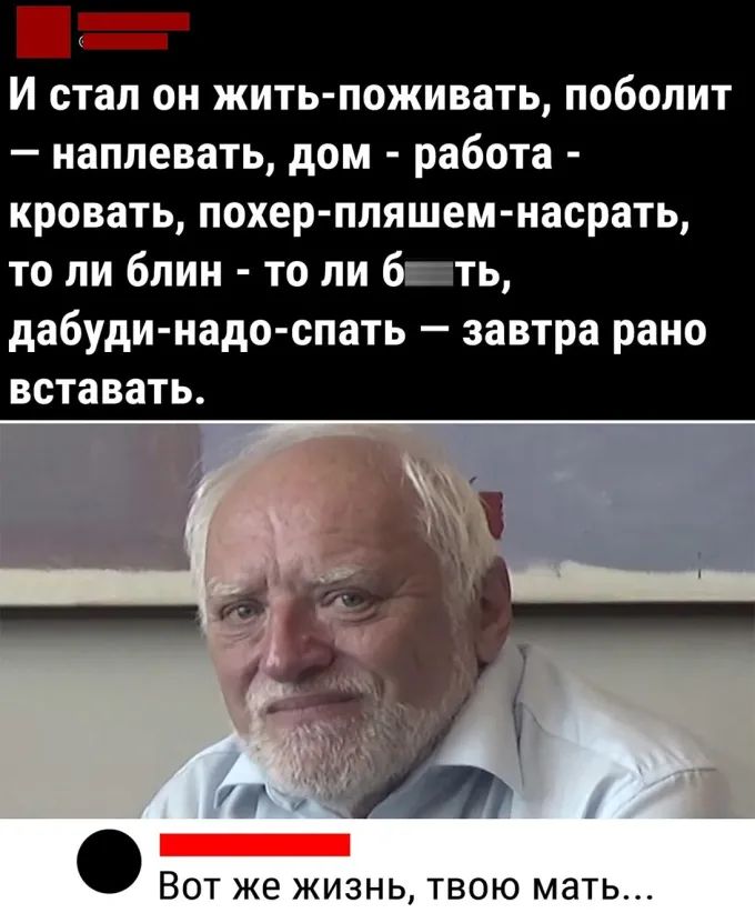 И стал он жить поживать поболит наплевать дом работа кровать похер пляшем насрать то ли блин то ли бить дабуди надо спать завтра рано вставать Вот же жизнь твою мать