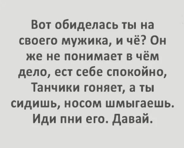 Вот обиделась ты на своего мужика и чё Он же не понимает в чём дело ест себе спокойно Танчики гоняет а ты сидишь носом шмыгаешь Иди пни его Давай