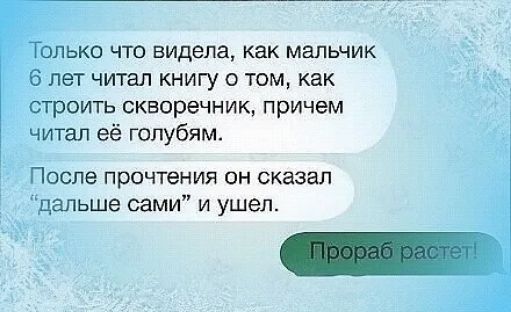 лько что видела как мальчик лет читал книгу о том как строить скворечник причем читал её голубям После прочтения он сказал дальше сами и ушел