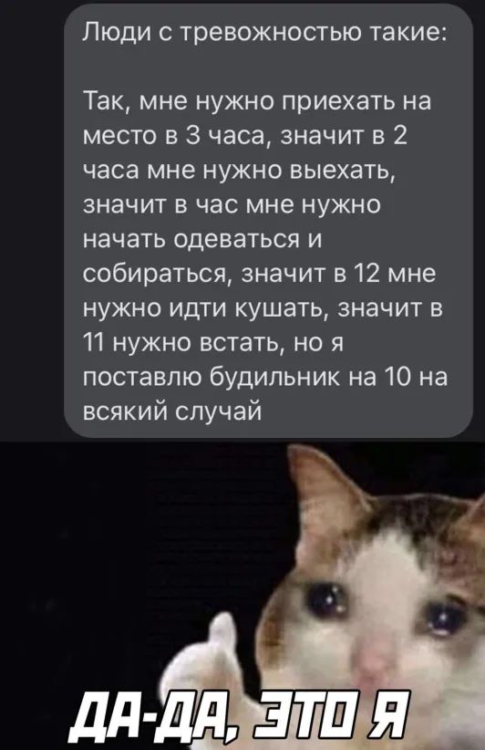 ЛЮДИ С тревожностью такие Так мне нужно приехать на место в 3 часа значит в 2 часа мне нужно выехать значит в час мне нужно начать одеваться и собираться значит в 12 мне нужно идти кушать значит в 11 нужно встать но я поставлю будильник на 10 на всякий случай