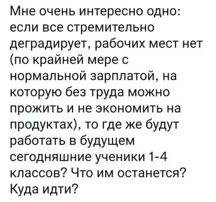 Мне очень интересно одно если все стремительно деградирует рабочих мест нет по крайней мере с нормальной зарплатой на которую без труда можно прожить и не экономить на продуктах то где же будут работать в будущем сегодняшние ученики 14 классов Что им останется Куда идти