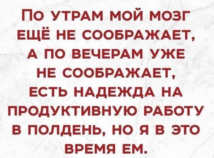 По УТРАМ мой мозг ЕЩЁ НЕ СООБРАЖАЕТ А по ВЕЧЕРАМ УЖЕ НЕ СООБРАЖАЕТ Есть НАДЕЖДА НА продуктивную РАБОТУ в ПОЛДЕНЬ но я в это ВРЕМЯ Ем