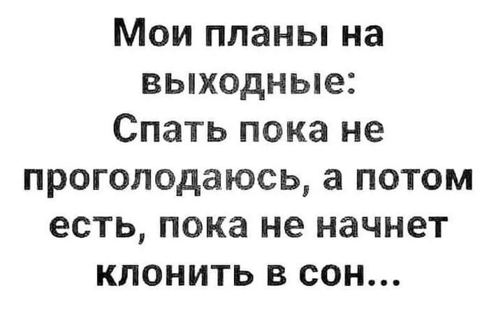 Мои планы на выходные Спать пока не проголодаюсь а потом есть пока не начнет клонить в сон