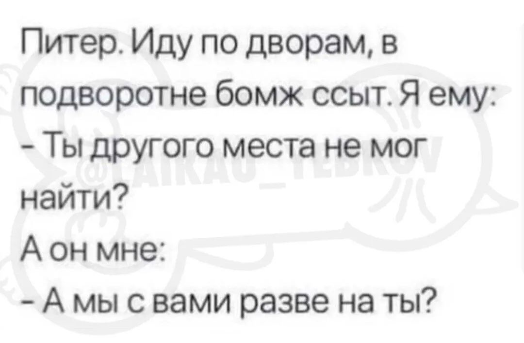 Питер Иду по дворам в подворотне бомж ссыт Я ему Ты другого места не мог найти А он мне А мы с вами разве на ты