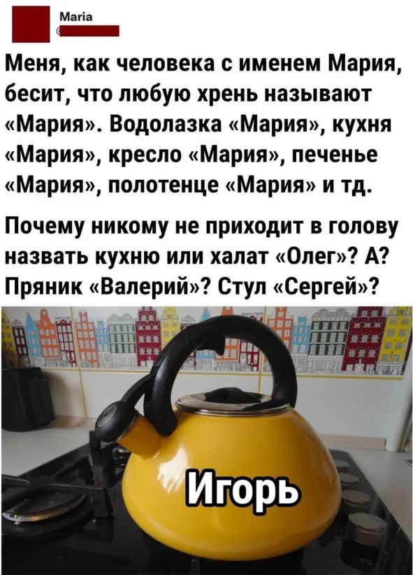 Магіа Меня как человека с именем Мария бесит что любую хрень называют Мария Водолазка Мария кухня Мария кресло Мария печенье Мария полотенце Мария и тд Почему никому не приходит в голову назвать кухню или халат Олег А Пряник Валерий Стул Сергей и 1