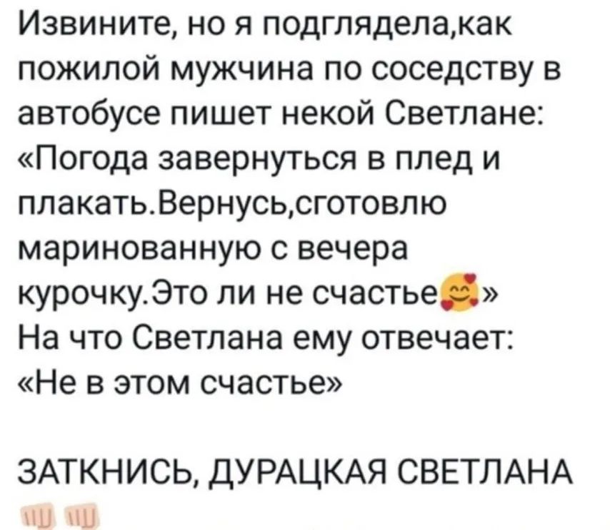 Извините но я подгляделакак пожилой мужчина по соседству в автобусе пишет некой Светлане Погода завернуться в плед и плакатьВернусьсготовлю маринованную с вечера курочкуЭто ли не счастье На что Светлана ему отвечает Не в этом счастье ЗАТКНИСЬ ДУРАЦКАЯ СВЕТЛАНА Ш