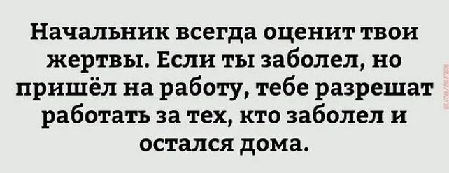 Начальник всегда оценит твои жертвы Если ты заболел но пришёл на работу тебе разрешат работать за тех кто заболел и остался дома