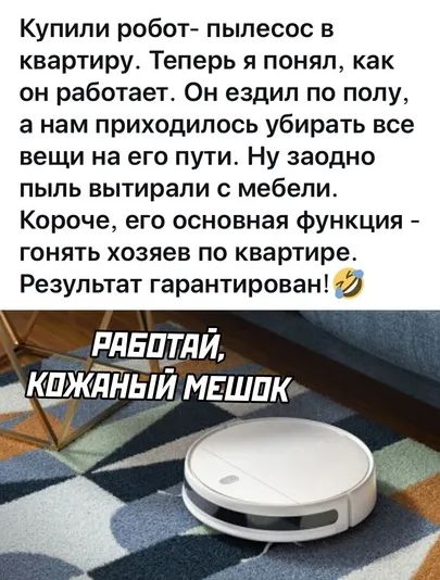 Купили робот пылесос в квартиру Теперь я понял как он работает Он ездил по полу а нам приходилось убирать все вещи на его пути Ну заодно пыль вытирали мебели Короче его основная функция гонять хозяев по квартире Результат гарантирован
