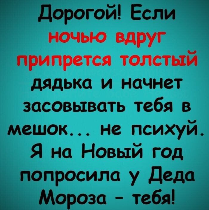Дорогой Если нач ю вдруг припрстсп толстый дядька и начнет засовывать тебя в мешок не психуй Я на Новый год попросила у Деда Мороза тебя