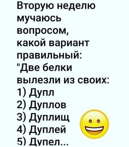 Вторую неделю мучаюсь вопросом какой вариант правильный две белки вылезли из своих 1 дУпл 2 дуплов 3 дуплищ 4 Дуплей 5 Дупел