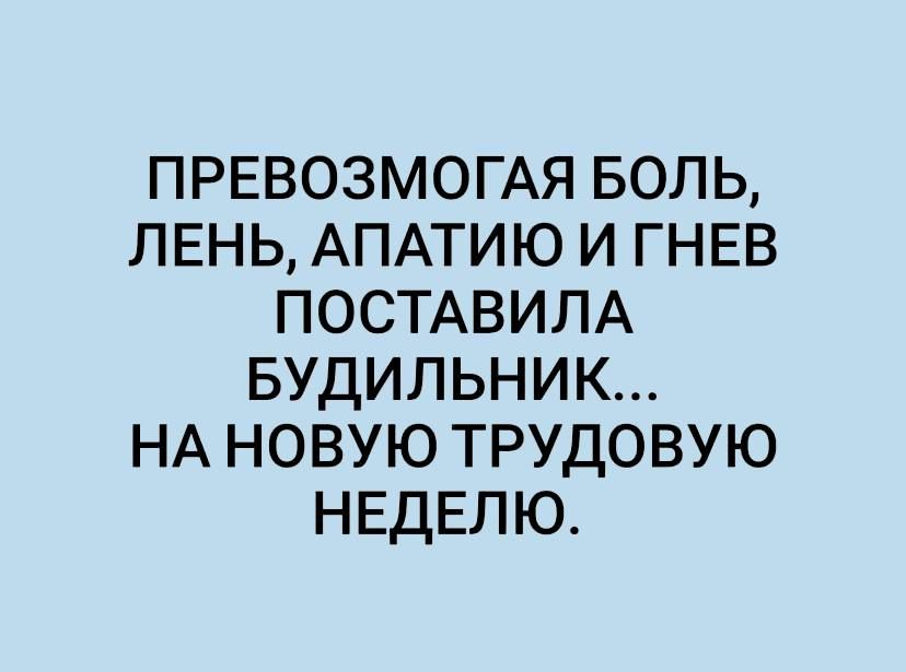 ПРЕВОЗМОГАЯ БОЛЬ ЛЕНЬ АПАТИЮ И ГНЕВ ПОСТАВИЛА БУДИЛЬНИК НА НОВУЮ ТРУДОВУЮ НЕДЕЛЮ