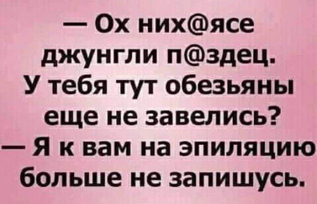 Ох нихясе джунгли пздец У тебя тут обезьяны еще не завелись Я к вам на эпиляцию больше не запишусь