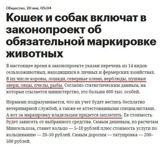 Общество, 20 яна, 0504 кошек и собак включат в законопроект об обязательной маркировке животных в настоящее время в законопроекте указан перечень из 14 видов. Сельхозживотных, находящихся в личных и фермерских хозяйствах. Вих числе коровы, лошади, северные олени, верблюды, пушные зверн, овцы, пчелы, рыбы. Согласно статистическим данным, на которые ссылается министерство, это больше 600 тыс. Особей. Нормами подразумевается, что их учет будет вестись бесплатно! Ветеринарной службой, а также ее аттестованными специалистами. Авот за маркировку владельцам придется заплатить: ее стоимость будет зависеть от выбранного средства. Самым дешевым, по расчетам минсельхоза, станет кольцо  510 рублей плюс стоимость услуги по кольцеванию  2050 рублей. Самым дорогим  татупровка  200 500 рублей.