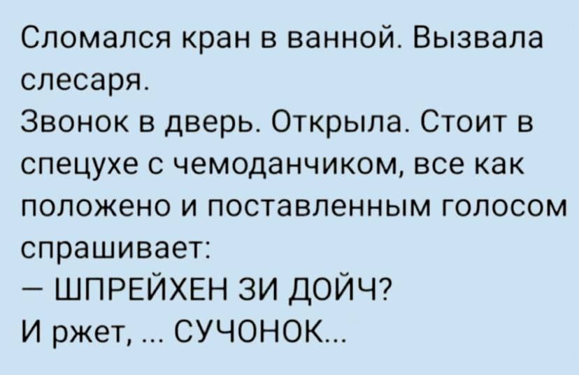 Сломался кран в ванной Вызвала слесаря Звонок в дверь Открыла Стоит в спецухе с чемоданчиком все как положено и поставленным голосом спрашивает ШПРЕЙХЕН ЗИ ДОЙЧ И ржет СУЧОНОК