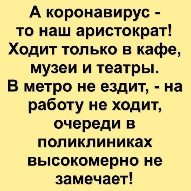 А коронавирус то наш аристократ Ходит только в кафе музеи и театры В метро не ездит на работу не ходит очереди в поликлиниках высокомерно не замечает