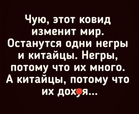 Чую этот ковид изменит мир Останутся одни негры и китайцы Негры потому что их много А китайцы потому что их дохуя