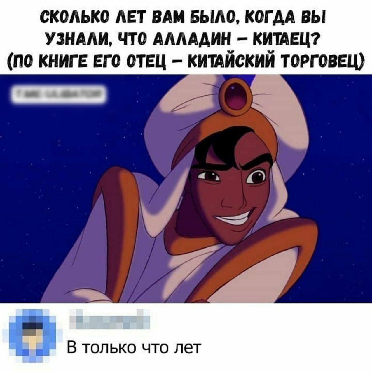 Сколько лет вам было, когда вы узнали, что алладин  китаец? По книге его отец  китайский торговец   4 
