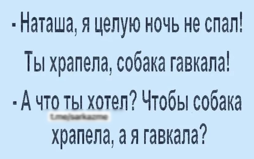 Наташа я целую ночь не спал Ты храпела собака гавкапа А чтр ты хотел Чтобы собака храпела а я гавкала