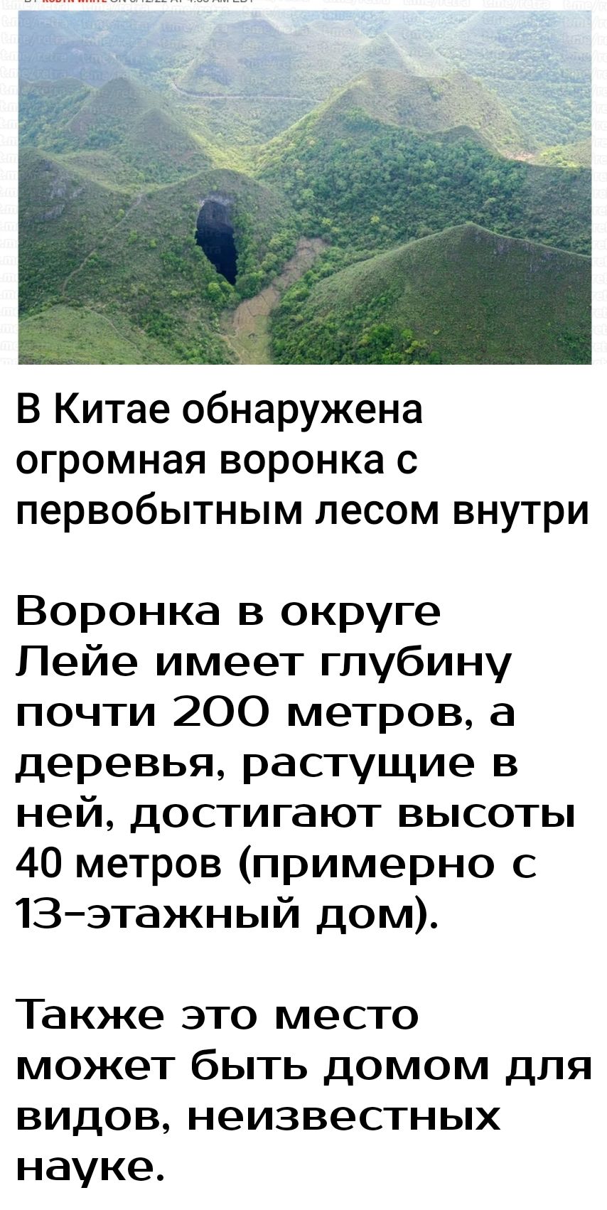 В Китае обнаружена огромная воронка с первобытным лесом внутри Воронка в округе Пейе имеет глубину почти 200 метров а деревья растущие в ней достигают высоты 40 метров примерно с 1Зэтажный дом Также это место может быть домом для видов неизвестных науке
