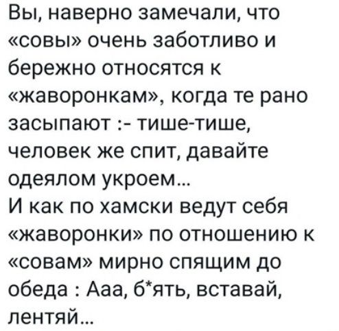 Вы наверно замечали что совы очень заботливо и бережно относятся к жаворонкам когда те рано засыпают тише тише человек же спит давайте одеялом укроем И как по хамски ведут себя жаворонки по отношению к совам мирно спящим до обеда Ааа бять вставай лентяй