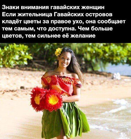 Знаки внимания гавайских женщин Если жительница Гавайских островов кладёт цветы за правое ухо ома сообщает тем самым что доступна Чем больше цветов тем сильнее её желание Г