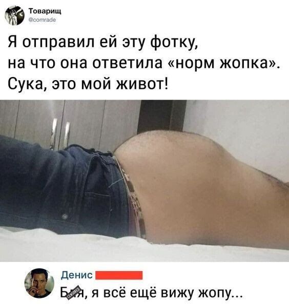 Я отправил ей эту фотку на что она ответила норм жопка Сука это мой живот денис Ю я всё ещё вижу жопу